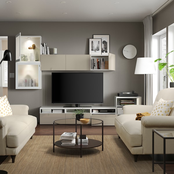 BESTÅ - TV set/glass combination, white/Selsviken gloss/beige frosted glass, 300x42x211 cm