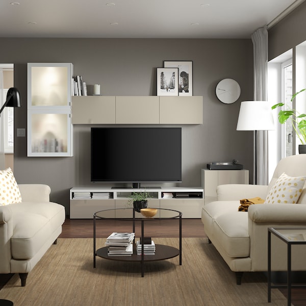 BESTÅ - TV set/glass combination, white/Selsviken gloss/beige frosted glass, 300x42x211 cm