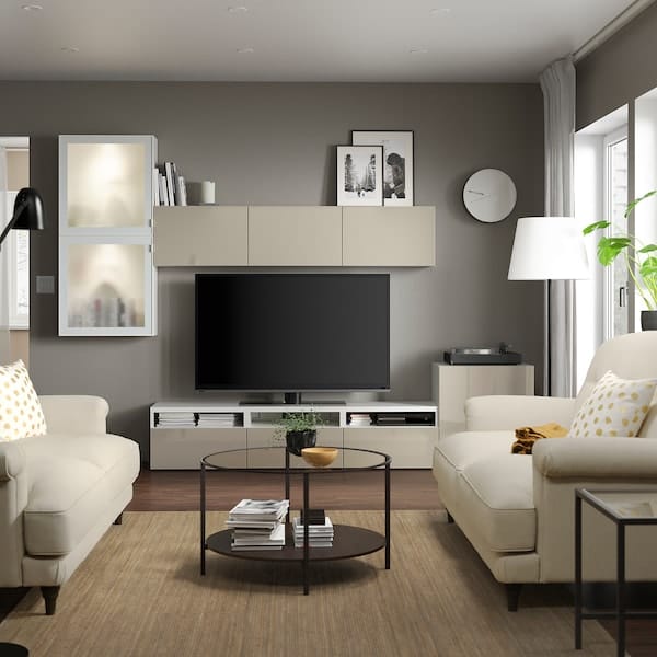 Ikea BESTÅ - TV set/glass combination, white/Selsviken gloss/beige frosted glass, 300x42x211 cm