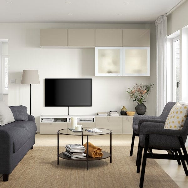 Ikea BESTÅ - TV combination / glass doors, white / Selsviken high-gloss / beige frosted glass, 240x42x231 cm