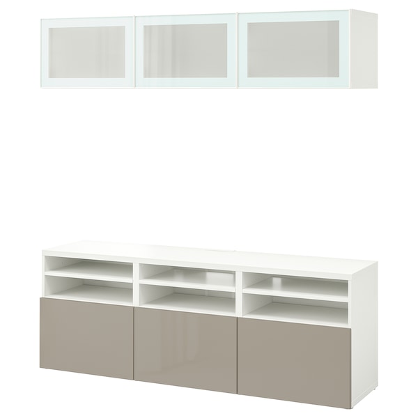 BESTÅ - TV combination / glass doors, white / Selsviken high-gloss / beige frosted glass, 180x42x192 cm