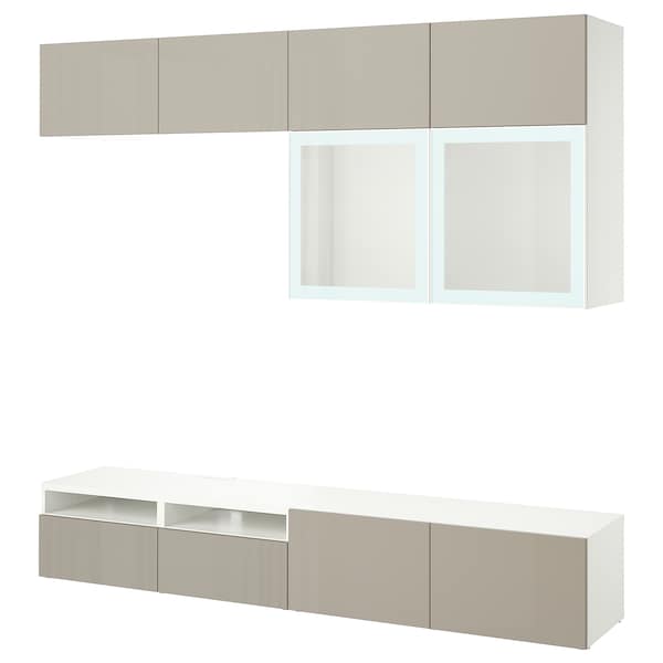 BESTÅ - TV combination / glass doors, white / Selsviken high-gloss / beige frosted glass, 240x42x231 cm