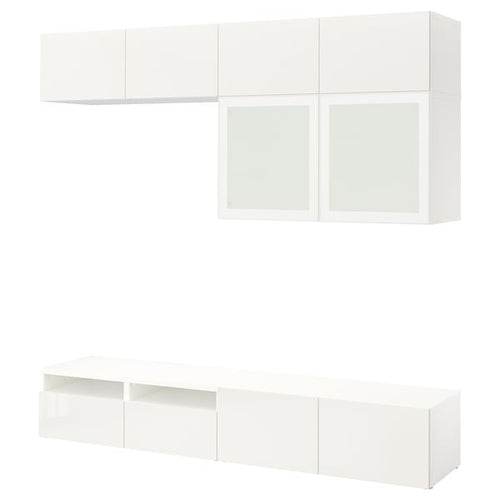 BESTÅ TV storage combination/glass doors, white/Selsviken high-gloss/white frosted glass, 51x231x32.5 cm