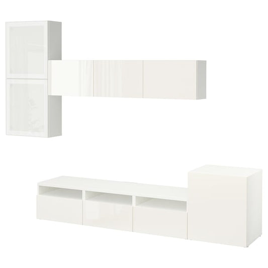 Ikea BESTÅ - TV/glass combination, white/Selsviken polished/frosted glass,300x42x211 cm