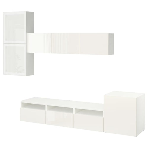 BESTÅ TV storage combination/glass doors, white/Selsviken high-gloss/white frosted glass, 51x211x32 cm