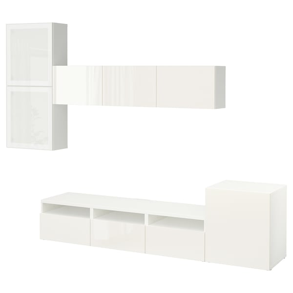 Ikea BESTÅ - TV/glass combination, white/Selsviken polished/white frosted glass,300x42x211 cm