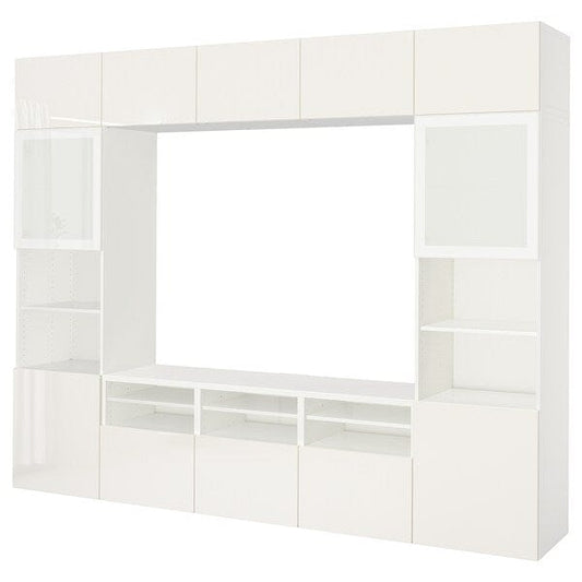 Ikea BESTÅ - TV/glass combination, white/Selsviken polished/white frosted glass,300x42x231 cm