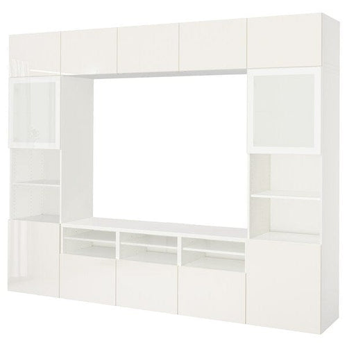 BESTÅ TV storage combination/glass doors, white/Selsviken high-gloss/white frosted glass, 51x231x32 cm