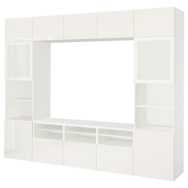 Ikea BESTÅ - TV/glass combination, white/Selsviken polished/white frosted glass,300x42x231 cm