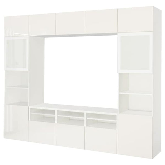 Ikea BESTÅ - TV/glass combination, white/Selsviken polished/white frosted glass,300x42x231 cm
