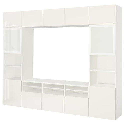 BESTÅ TV storage combination/glass doors, white/Selsviken high-gloss/white frosted glass, 51x231x32 cm