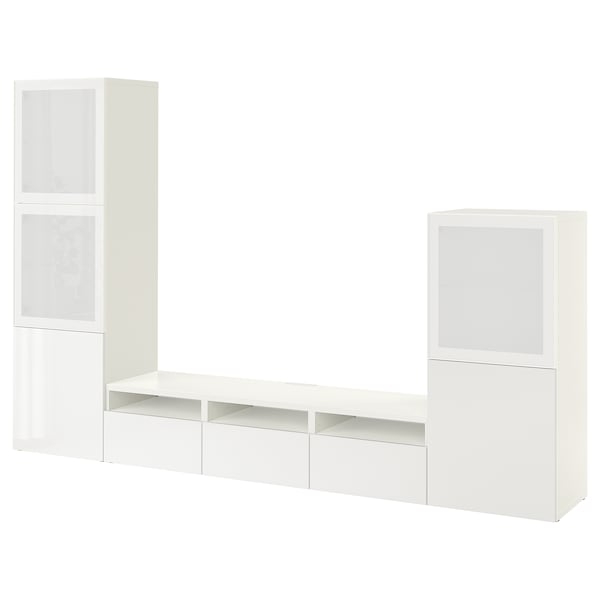 Ikea BESTÅ - TV/glass combination, white/Selsviken polished/frosted glass,300x42x193 cm