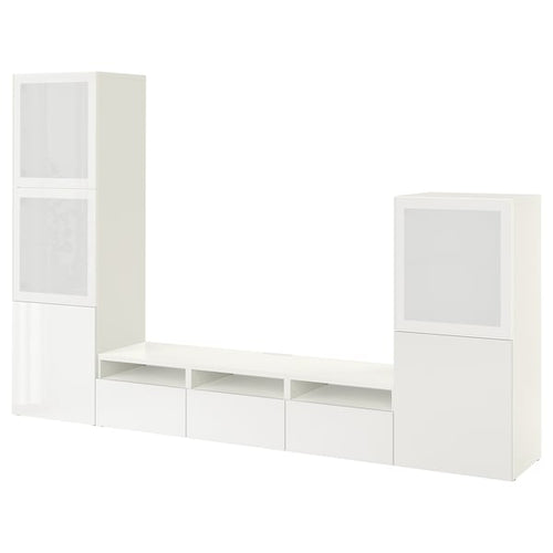 BESTÅ TV storage combination/glass doors, white/Selsviken high-gloss/white frosted glass, 51x193x32.5 cm