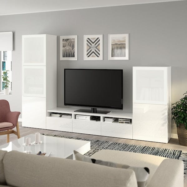 Ikea BESTÅ - TV/glass combination, white/Selsviken polished/frosted glass,300x42x193 cm