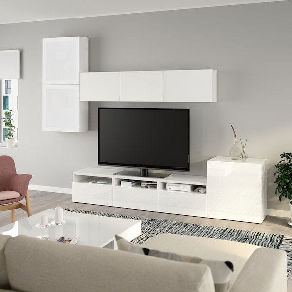 Ikea BESTÅ - TV/glass combination, white/Selsviken polished/frosted glass,300x42x211 cm