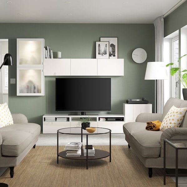 Ikea BESTÅ - TV/glass combination, white/Selsviken polished/white frosted glass,300x42x211 cm