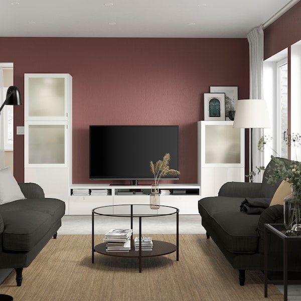 Ikea BESTÅ - TV/glass combination, white/Selsviken polished/frosted glass,300x42x193 cm