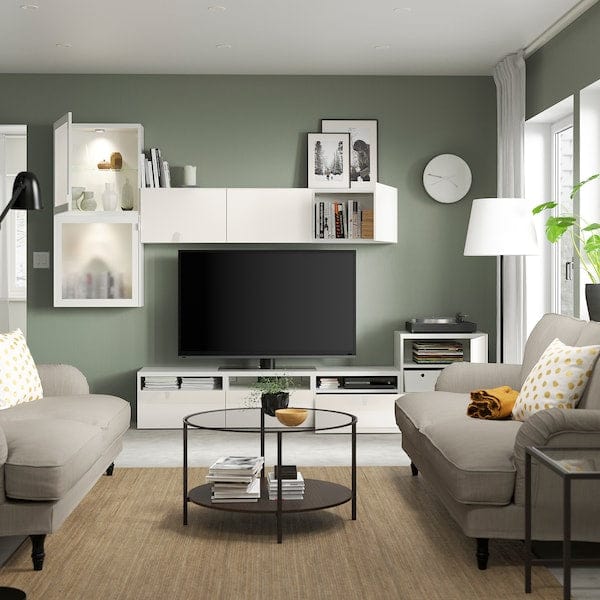 Ikea BESTÅ - TV/glass combination, white/Selsviken polished/white frosted glass,300x42x211 cm