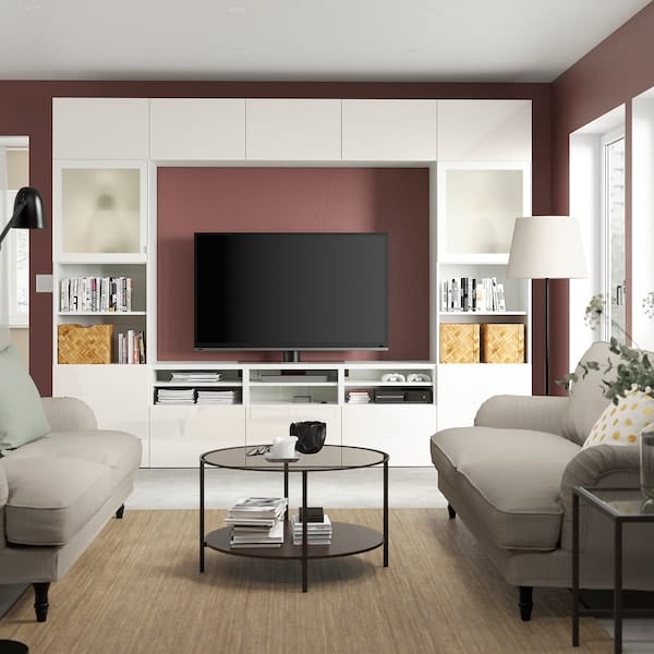 Ikea BESTÅ - TV/glass combination, white/Selsviken polished/white frosted glass,300x42x231 cm