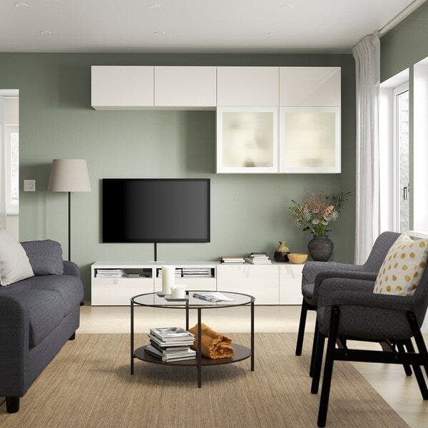 Ikea BESTÅ - TV/glass combination, white/Selsviken polished/white frosted glass,240x42x231 cm