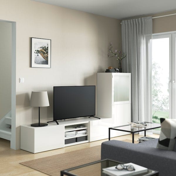 Ikea BESTÅ - TV/glass combination, white/Selsviken polished/white frosted glass,240x42x129 cm