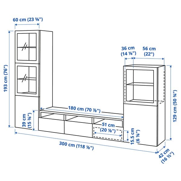 Ikea BESTÅ - TV/glass combination, white/Selsviken polished/frosted glass,300x42x193 cm