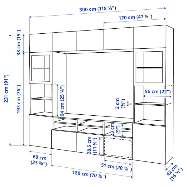 Ikea BESTÅ - TV/glass combination, white/Selsviken polished/white frosted glass,300x42x231 cm