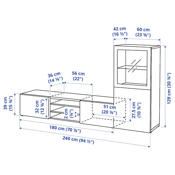 Ikea BESTÅ - TV/glass combination, white/Selsviken polished/white frosted glass,240x42x129 cm
