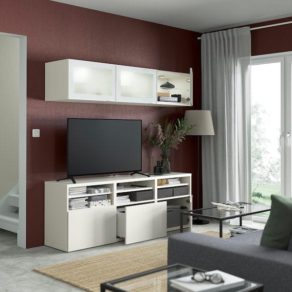 Ikea BESTÅ - TV storage combination/glass doors, white/Selsviken high-gloss/white frosted glass, 180x42x192 cm