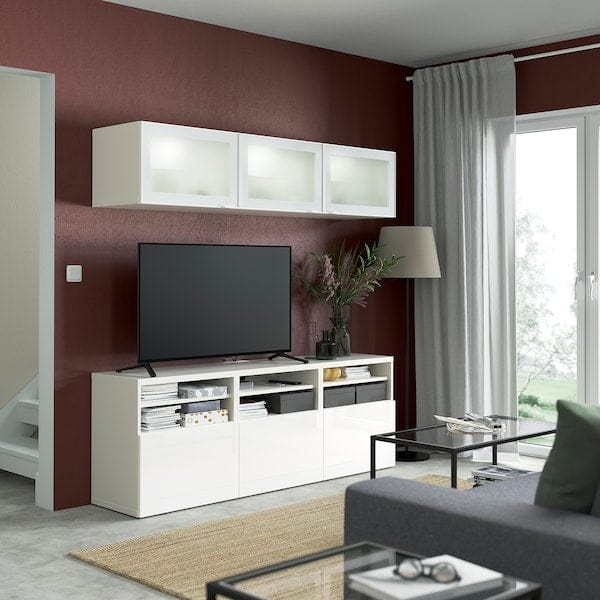 Ikea BESTÅ - TV storage combination/glass doors, white/Selsviken high-gloss/white frosted glass, 180x42x192 cm