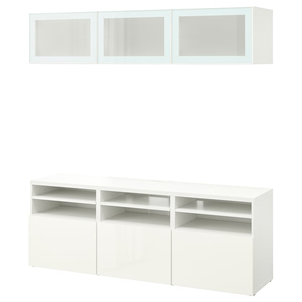 BESTÅ - BESTÅ TV storage combination/glass doors, white/Selsviken high-gloss/white frosted glass, 180x42x192 cm