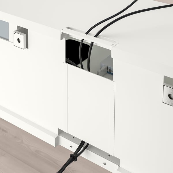BESTÅ TV storage combination/glass doors, white/Selsviken high-gloss/beige clear glass, 240x42x231 cm