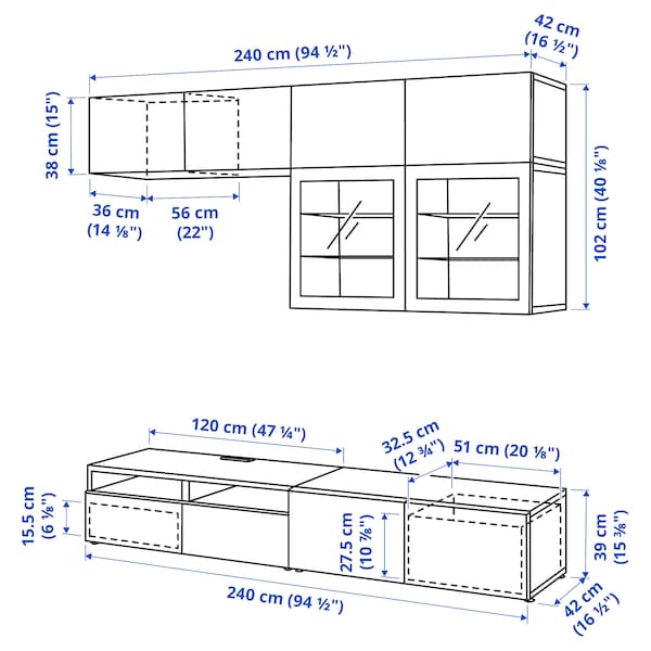 BESTÅ - TV combination / glass doors, white / Selsviken high-gloss / beige clear glass, 240x42x231 cm