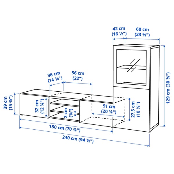 BESTÅ - TV combination / glass doors, white / Selsviken high-gloss / beige clear glass, 240x42x129 cm