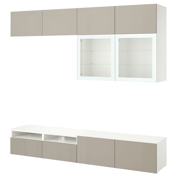 BESTÅ TV storage combination/glass doors, white/Selsviken high-gloss/beige clear glass, 240x42x231 cm