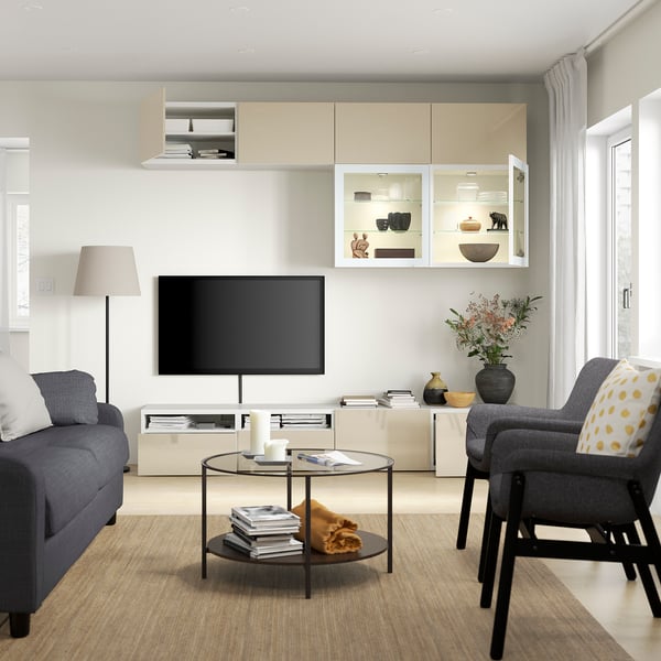 BESTÅ TV storage combination/glass doors, white/Selsviken high-gloss/beige clear glass, 240x42x231 cm