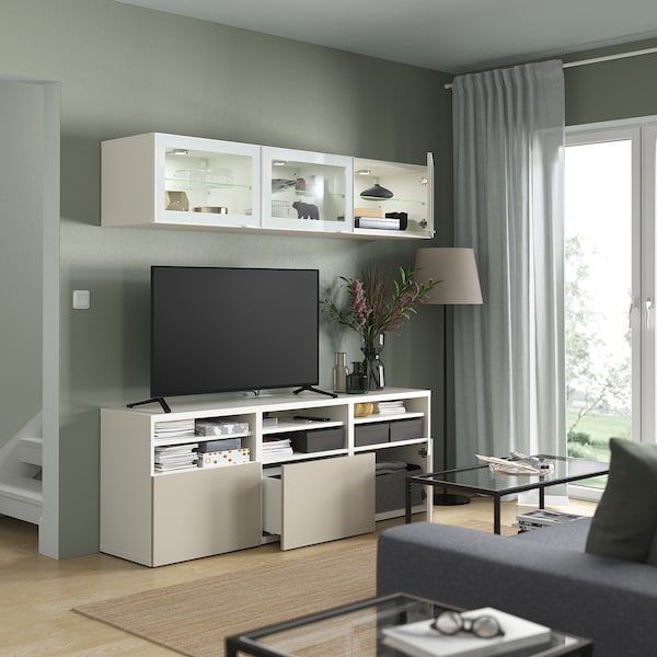 BESTÅ - TV combination / glass doors, white / Selsviken high-gloss / beige clear glass, 180x42x192 cm