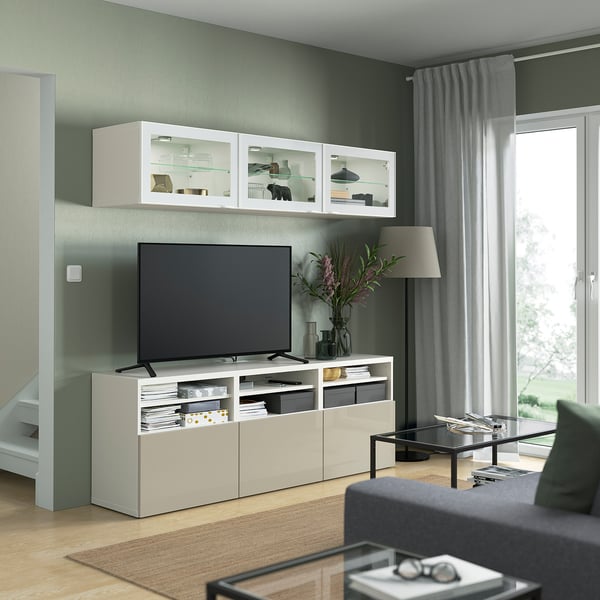 BESTÅ TV storage combination/glass doors, white/Selsviken high-gloss/beige clear glass, 180x42x192 cm