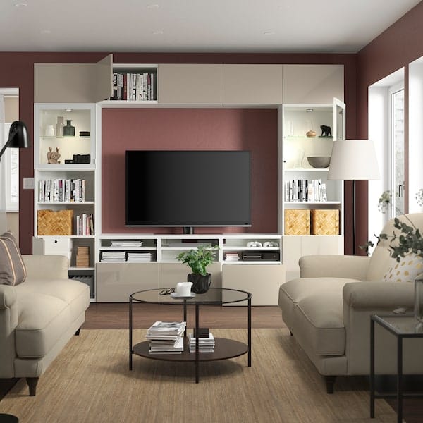 Ikea BESTÅ - TV combination / glass doors, white / Selsviken high-gloss / beige clear glass, 300x42x231 cm