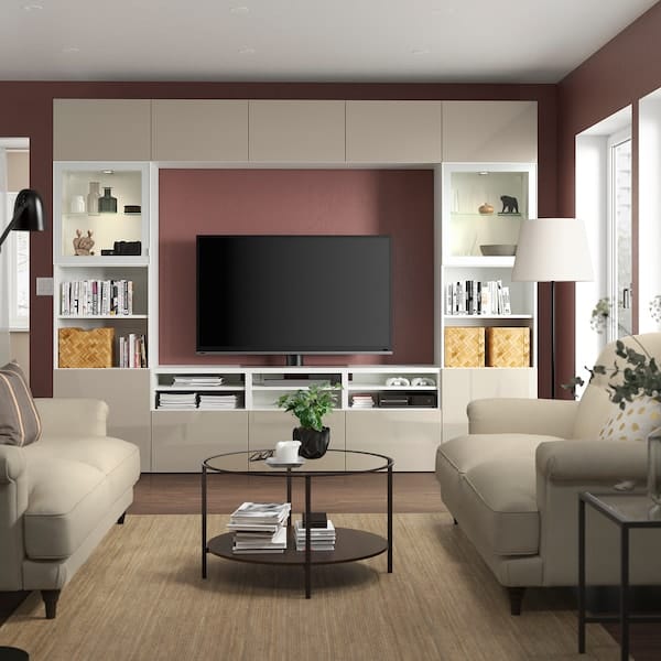 Ikea BESTÅ - TV combination / glass doors, white / Selsviken high-gloss / beige clear glass, 300x42x231 cm