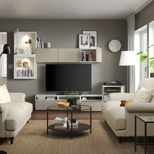 BESTÅ TV storage combination/glass doors, white/Selsviken high-gloss/beige clear glass, 300x42x211 cm