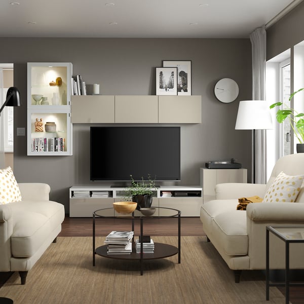 BESTÅ - TV set/glass combination, white/Selsviken gloss/beige transparent glass, 300x42x211 cm ,