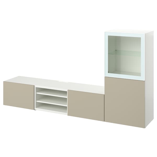 Ikea BESTÅ - TV combination / glass doors, white / Selsviken high-gloss / beige clear glass, 240x42x129 cm
