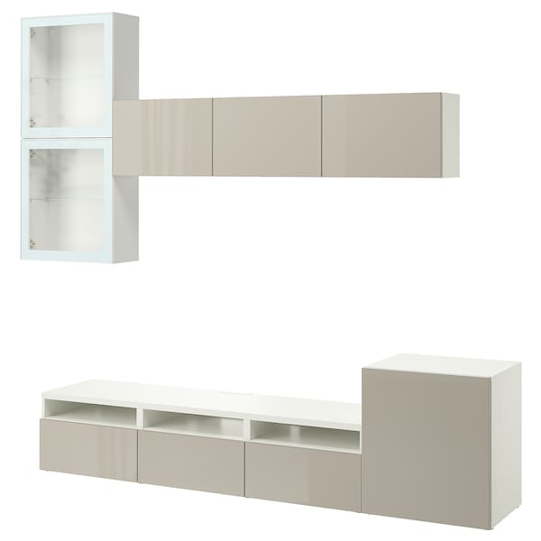 BESTÅ - TV set/glass combination, white/Selsviken gloss/beige transparent glass, 300x42x211 cm ,