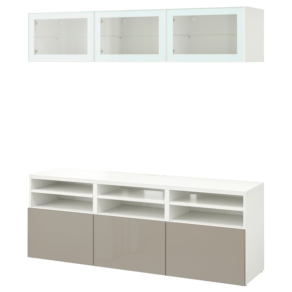 BESTÅ TV storage combination/glass doors, white/Selsviken high-gloss/beige clear glass, 180x42x192 cm