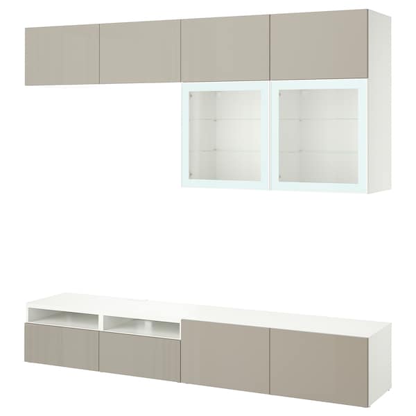 Ikea BESTÅ - TV combination / glass doors, white / Selsviken high-gloss / beige clear glass, 240x42x231 cm ,