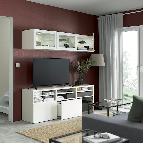 BESTÅ - TV storage combination/glass doors, white/Selsviken high-gloss/white clear glass, 180x42x192 cm