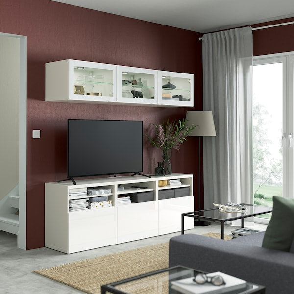 BESTÅ - TV storage combination/glass doors, white/Selsviken high-gloss/white clear glass, 180x42x192 cm