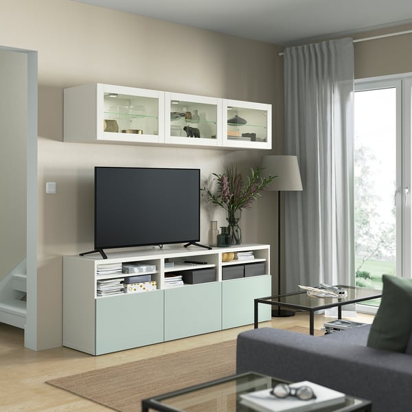 BESTÅ TV storage combination/glass doors, white Sindvik/Hjortviken pale grey-green, 180x42x192 cm