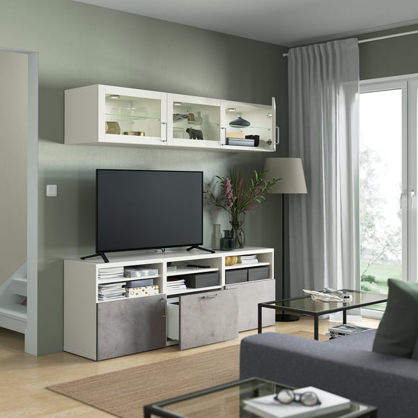 BESTÅ - BESTÅ TV storage combination/glass doors, white Sindvik/Kallviken light grey, 180x42x192 cm